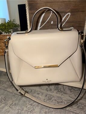 kate spade Neutral Cream Leather Top-Handle Satchel with Gold Accent